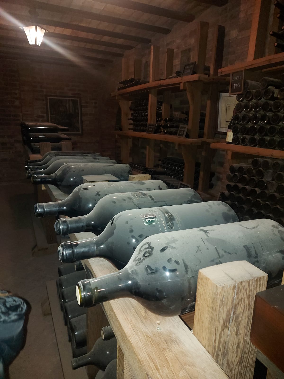 A dimly lit wine cellar in Bordeaux with numerous wooden barrels for aging wine.